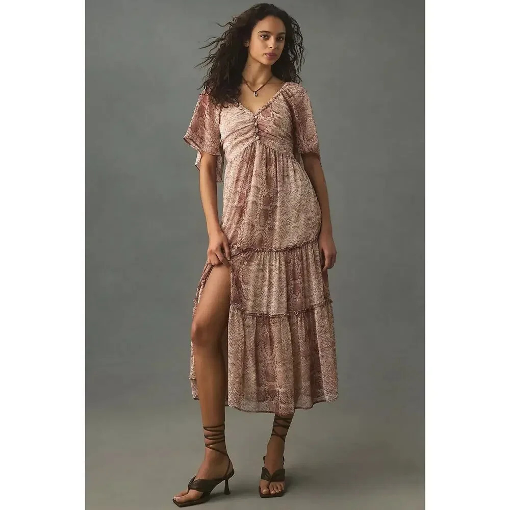 NWT By Anthropologie Short-Sleeve Tiered Midi Dress Size S Neutral 9B411